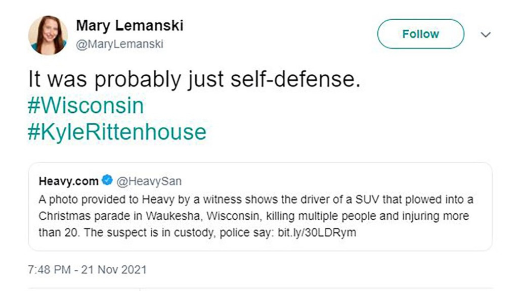 Mary Lemanski began her twitter rampage after an SUV plowed through parade-goers on November 21, 2021. 