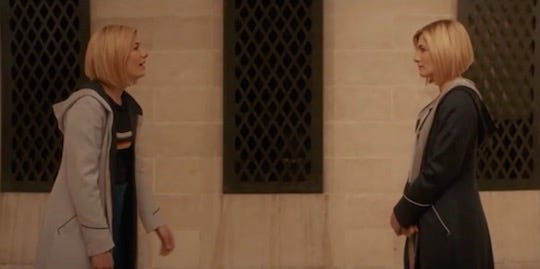 This images shows the Thirteenth Doctor (played by Jodie Whittaker) facing off against Time, which has adopted her image (and is also played by Whittaker) at the climax of Doctor Who: Flux's "The Vanquishers." This images shows the Thirteenth Doctor (played by Jodie Whittaker) facing off against Time, which has adopted her image (and is also played by Whittaker) at the climax of Doctor Who: Flux's "The Vanquishers."