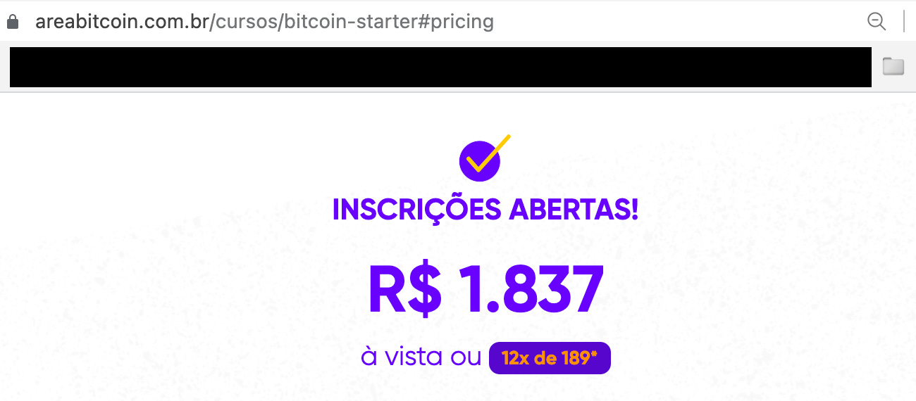 Print screen of "Bitcoin Starter Course" pricing in BRL