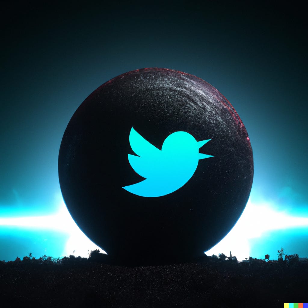 “twitter logo on a large black planet shooting a laser beam, digital art” / DALL-E