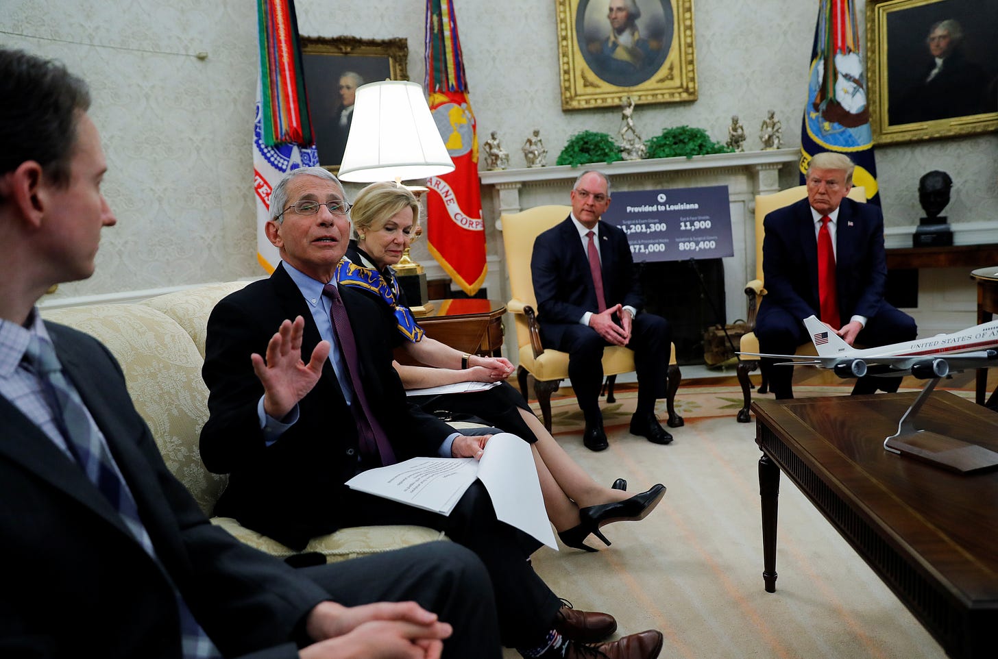 National Institute of Allergy and Infectious Diseases Director Dr. Anthony Fauci speaks during a coronavirus response meeting between U.S. President Donald Trump and Louisiana Governor John Bel Edwards in the Oval Office at the White House in Washington, U.S., April 29, 2020.