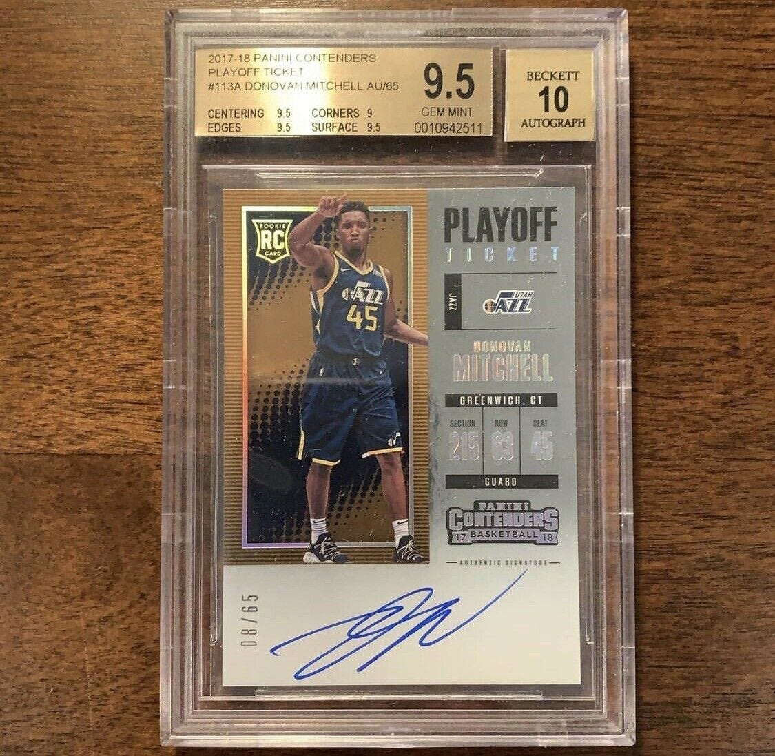Image 1 - 2017-18 Contenders PLAYOFF Ticket Donovan Mitchell RC Rookie AUTO /65 BGS 9.5/10