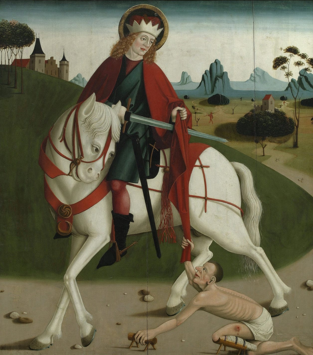 A saint on a horse wearing a red robe and crown has a beggar with a crutch tugging at his robe