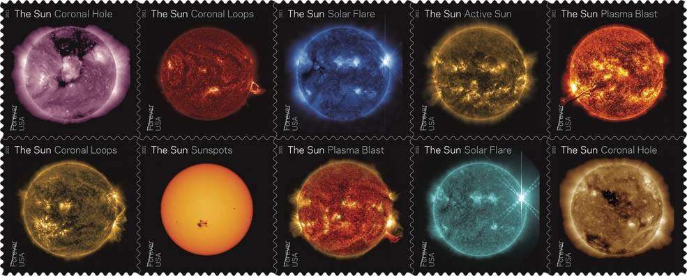 A set of 10 stamps showcase different views of solar activity in wavelengths of extreme ultraviolet light.
