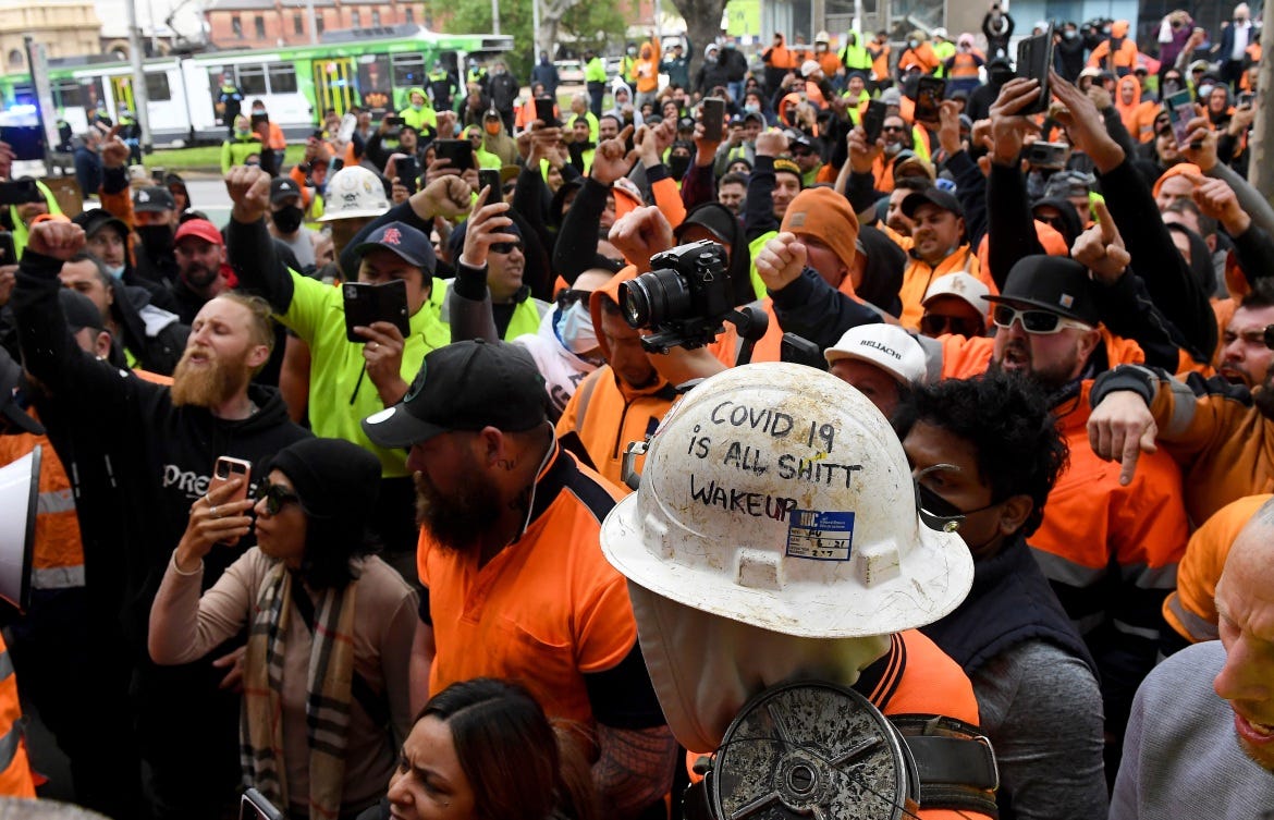 The protest in Melbourne was aimed at a Victoria state government mandate requiring all construction workers to get vaccinated. [James Ross/EPA]