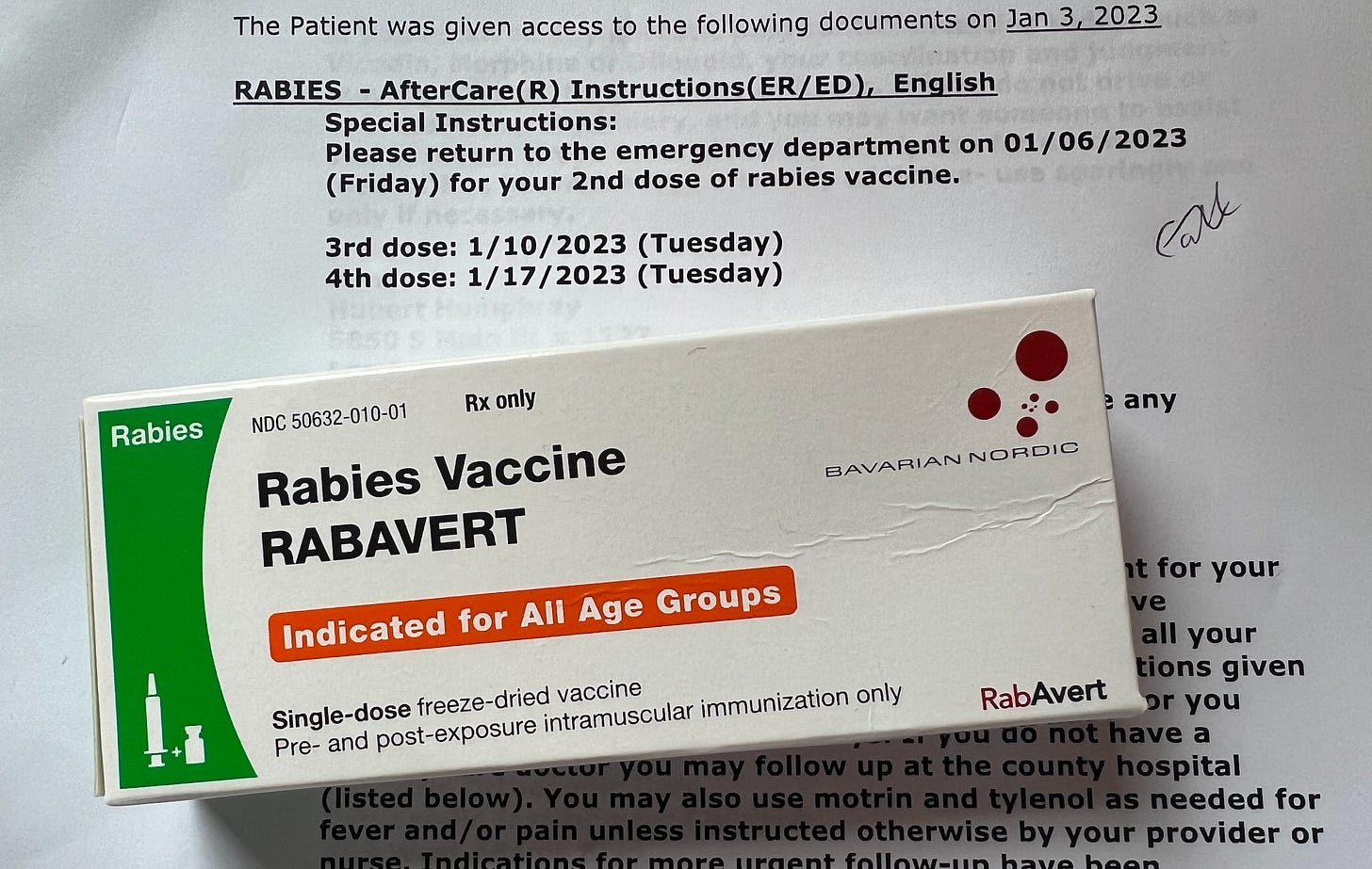 Rabies vaccine box on my desk - "RABAVERT"