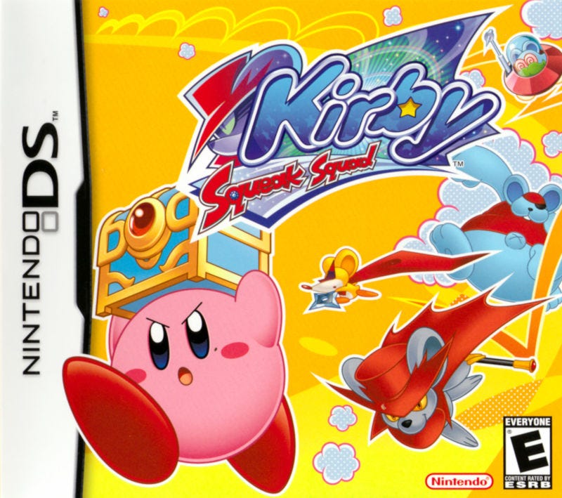 The North American box art for Kirby: Squeak Squad, which shows Kirby running off with a treasure chest before the titular Squeak Squad can get it back from him