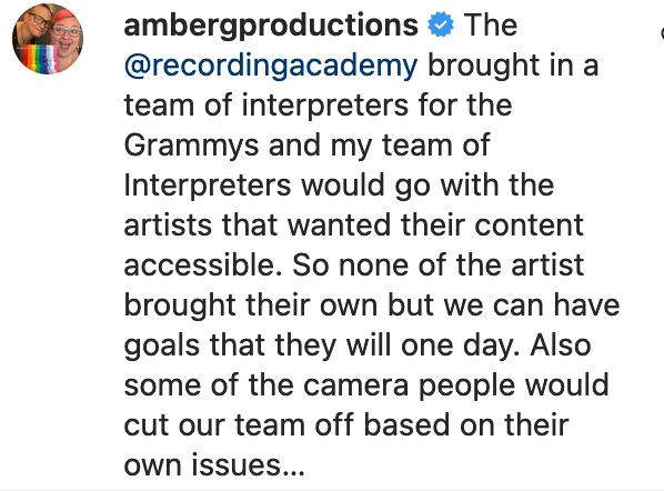 instagram comment explaining the grammys provided ASL interpreters