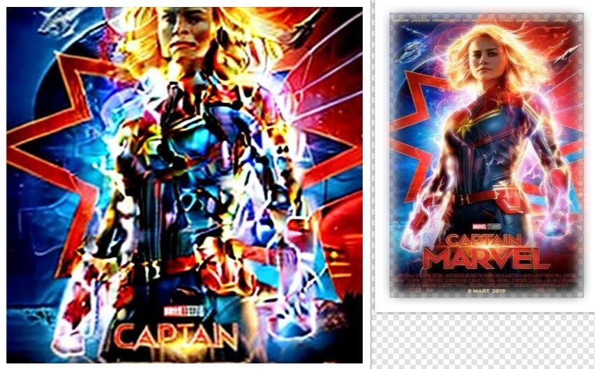 r/StableDiffusion - The left image was generated with v1.5 for prompt "captain marvel poster". The right image is an image in the LAION-5B dataset.