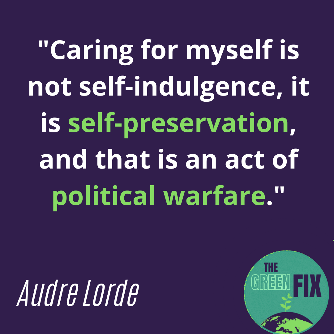 Purple graphic with quote: Caring for myself is not self-indulgence, it is self-preservation, and that is an act of political warfare.' Audre Lorde