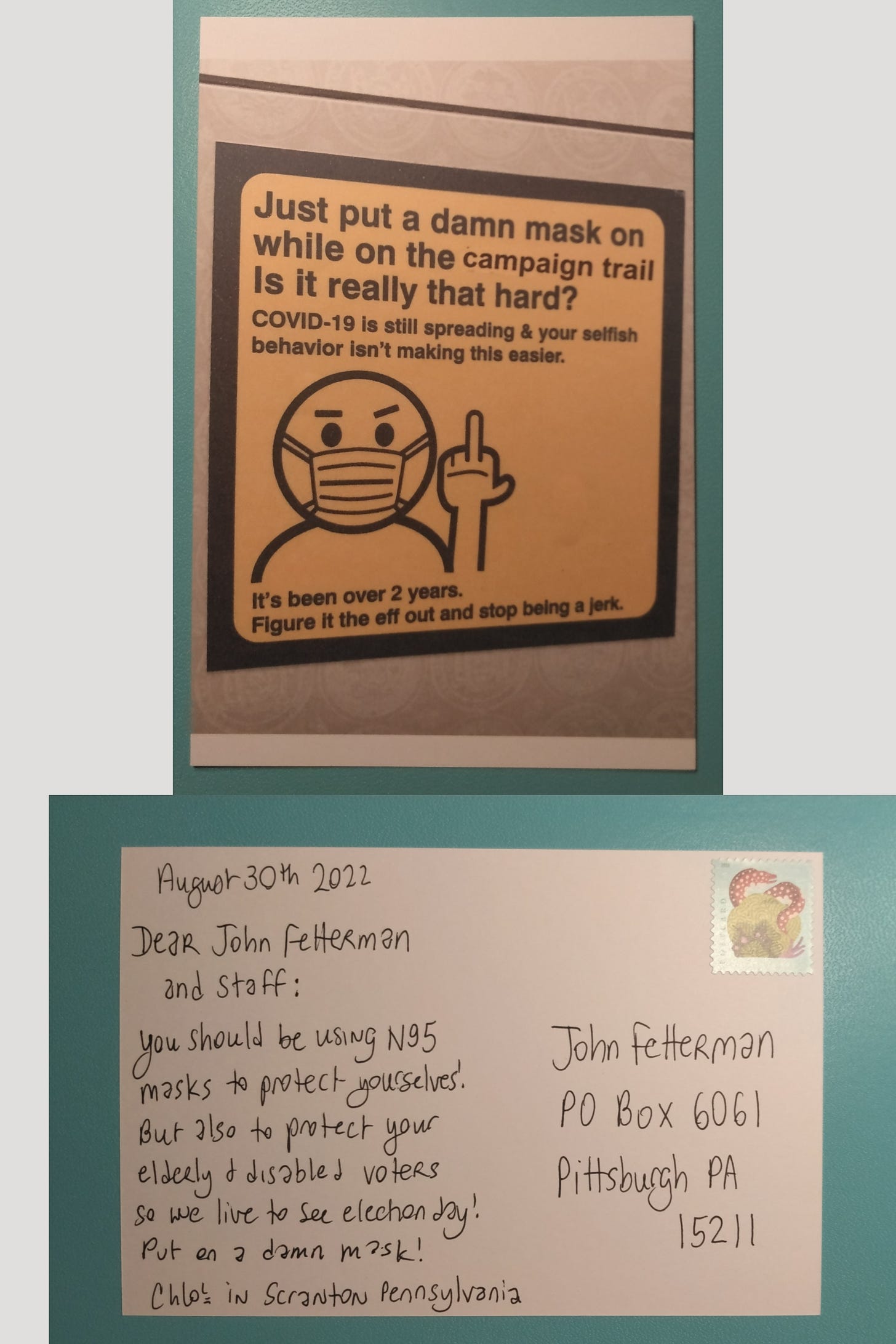Post card to candidate John Fetterman saying put on a damn mask when you’re on the campaign trail using the sign in the style of the New York City transit mask signs.