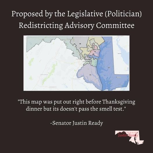 May be an image of map and text that says 'Proposed by the Legislative (Poltiian) Redistricting Advisory Committee 120 "This map was put out right before Thanksgiving dinner but its doesn't pass the smell test.' -Senator Justin Ready'