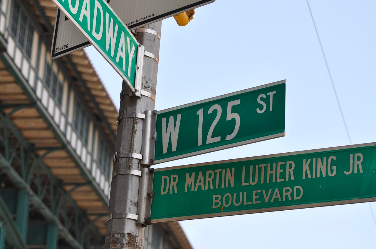Street sign Broadway and W 125th Street; Dr. Martin Luther King Jr Boulevard