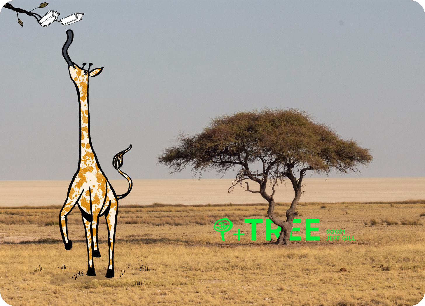 Illustration of a giraffe on its hind legs, tongue extended towards two foil takeaway containers growing on a tree.