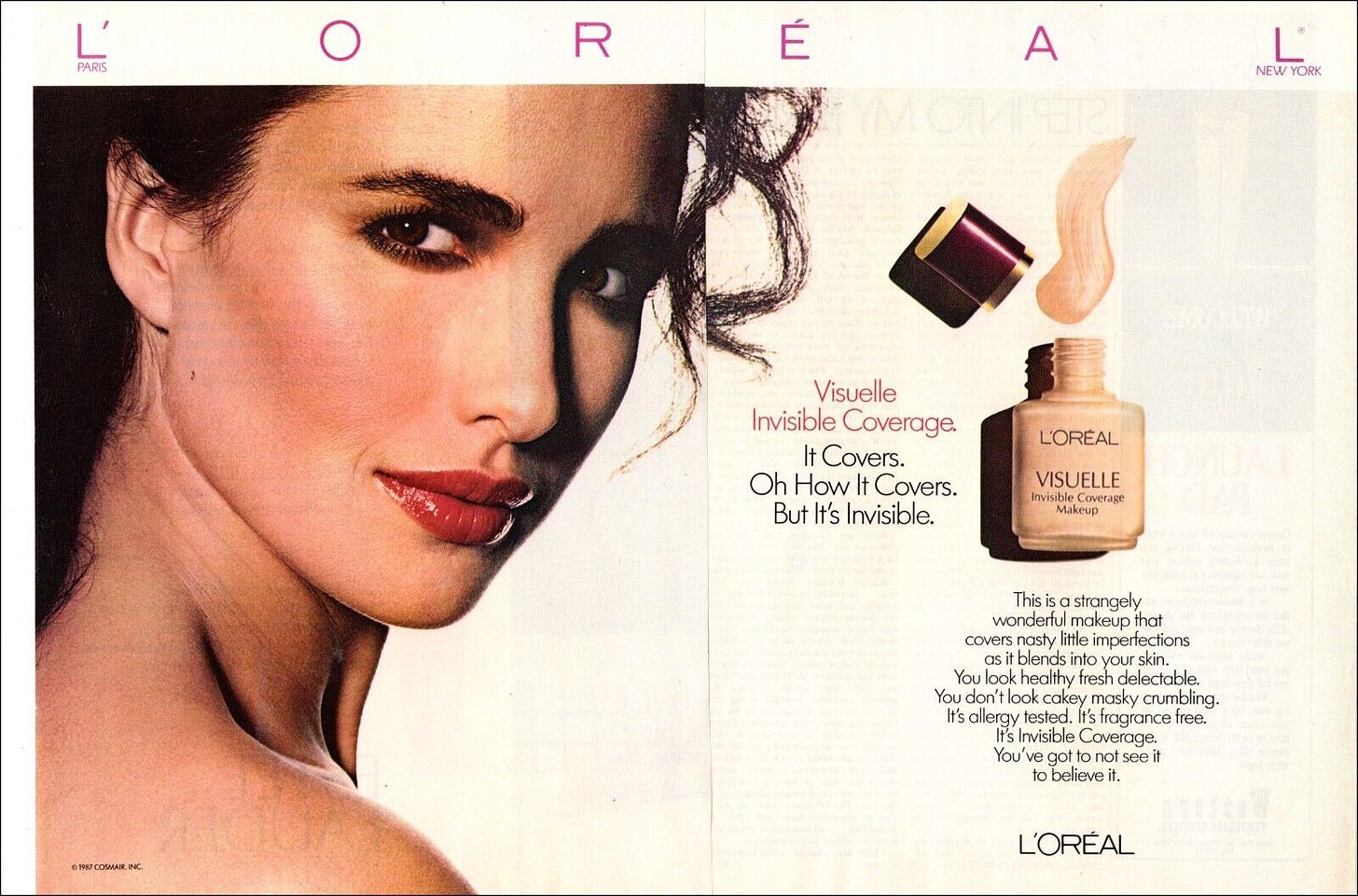 1987 magazine cosmetics AD L'OREAL VISUELLE Makeup Model Andie MacDowell  062922 | eBay