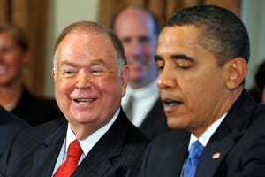 David Boren (left) served 4 years as governor and 15 years in the U.S. Senate all as a Democrat before being appointed the University of Oklahoma in 1994. He also served for nearly a decade on Yale's Board of Trustees.