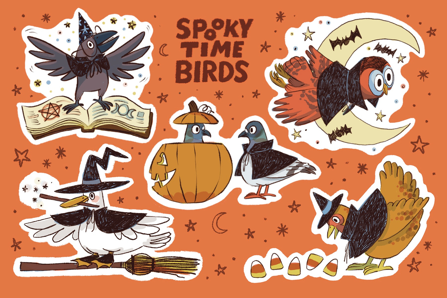 spooky time birds, illustration, halloween, birds, sticker sheet, crow, duck, pigeons, owl, chicken, kayla stark