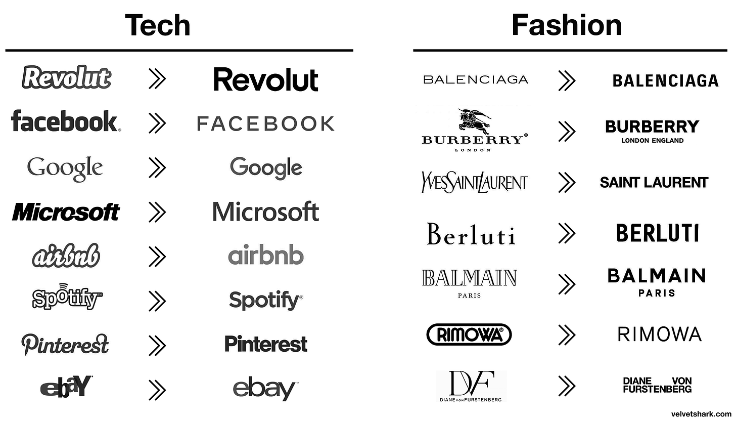 The image showcases numerous tech and fashion brands that changed their logos from distinct imaging to plain, modernized ones. 
