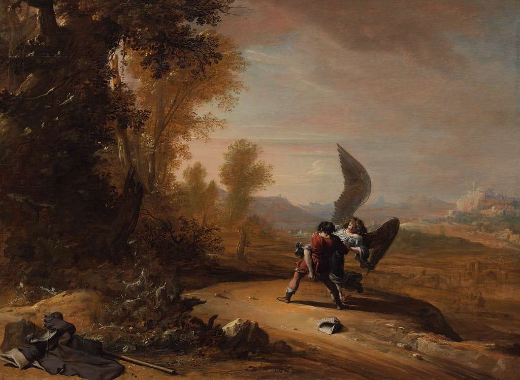 Painting of landscape with man wrestling with angel (or person with wings, anyway) in center, not super close up 