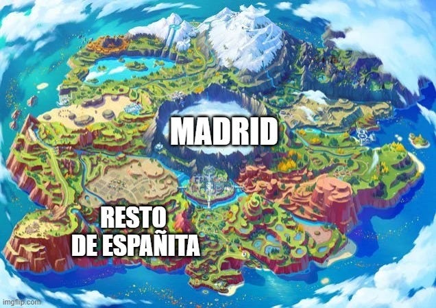 Meme de Pokémon Españita: con Madrid en el centro como un agujero negro y el resto de España alrededor