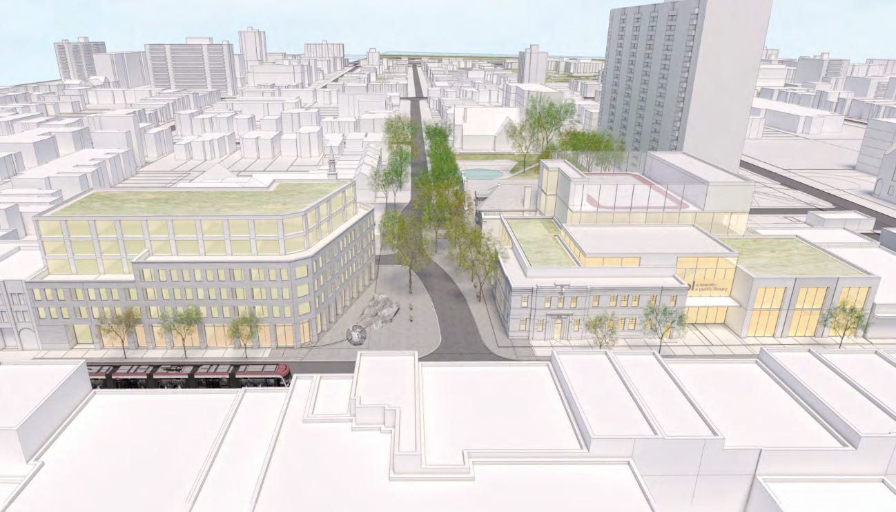 Illustration of the planned Parkdale Hub redevelopment at Queen St. W. and Cowan.