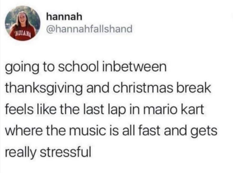 Tweet reads going to school in between thanksgiving and winter break feels like the last lap in mario kart where the music is all fast and gets really stressful