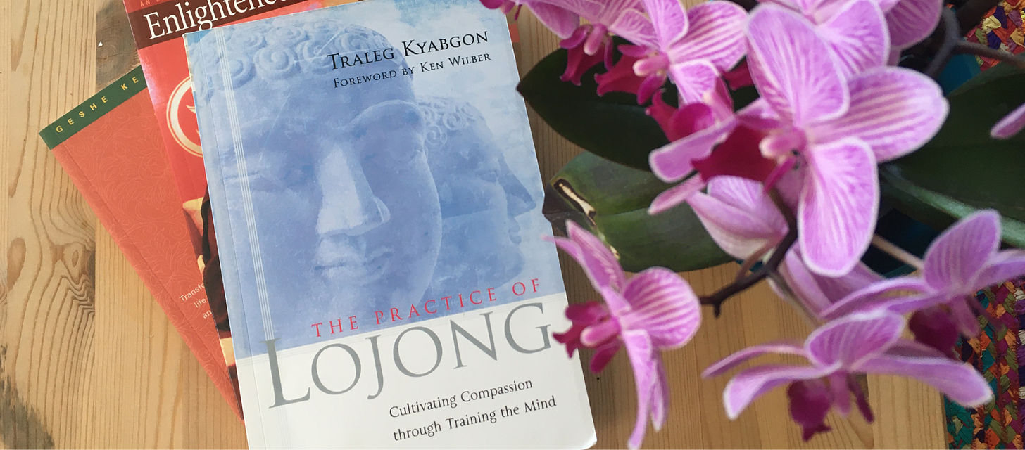 Photo taken from above of a stack of books, “The Practice of Lojong” by Traleg Kyabgoon top, w a purple orchid next to them.