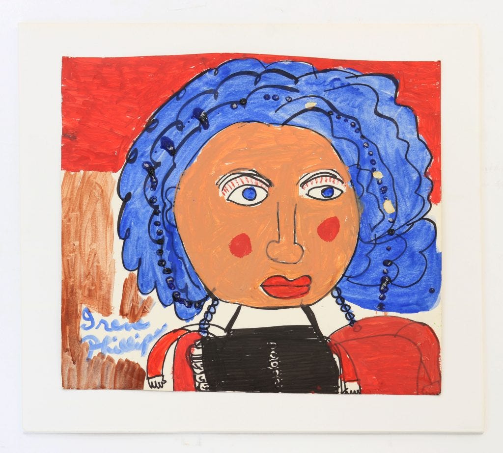 A painting of a femme person with blue hair and blue eyes and light brown skin staring just past us.