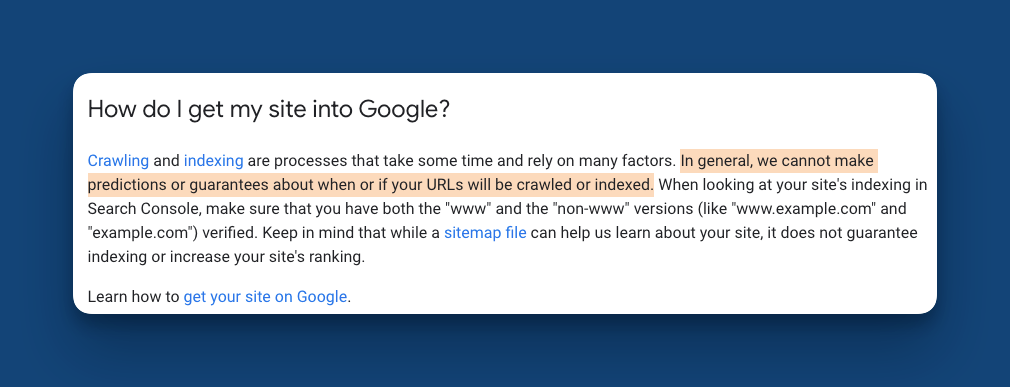 Shubham Davey shares evidence from Google search central that Google can't make guarantees for faster indexing or no indexing at all. He also recommends, if someone claims otherwise, they're lying.