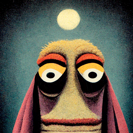 An image generated by the AI Midjourney with the prompt “/imagine the muppets stay up all night by man ray," with selections upscaled and then animated