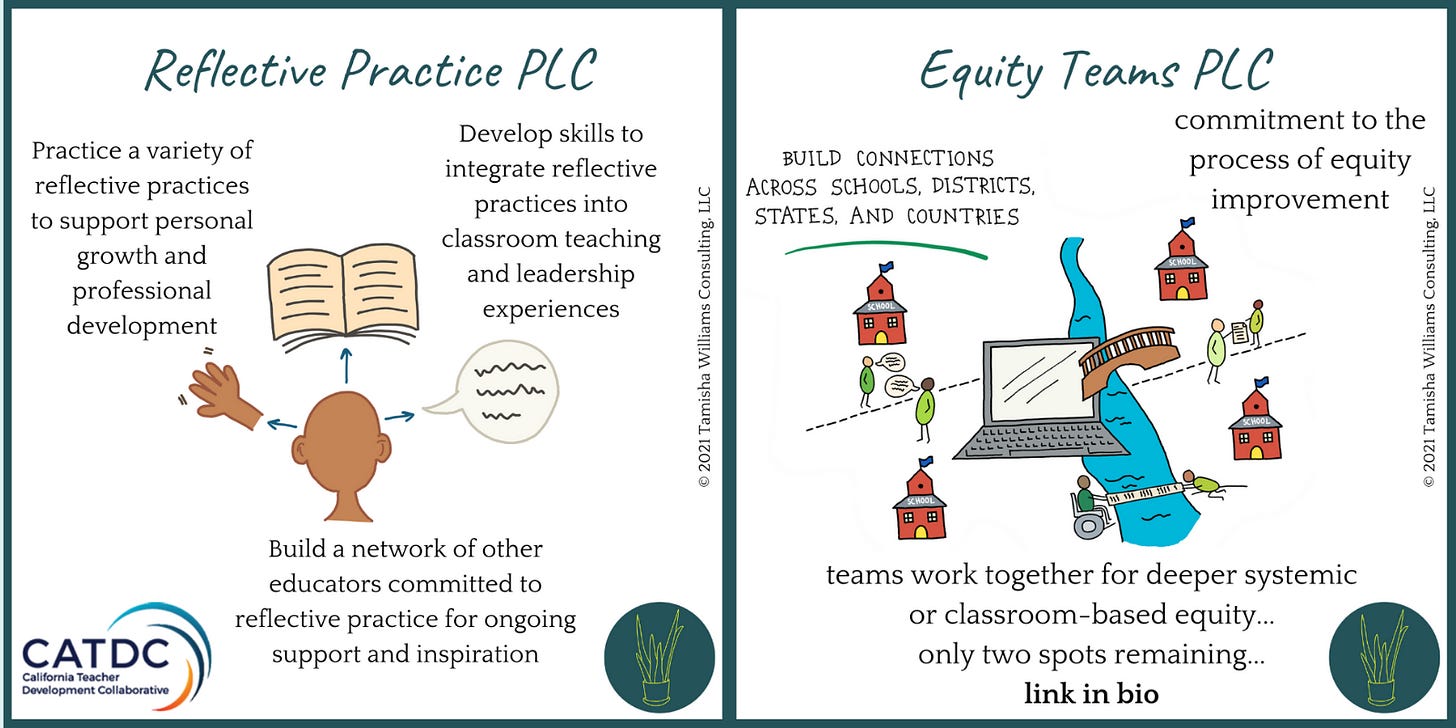 Images advertising the CATDC Reflective Practice PLC and the Equity Teams PLC