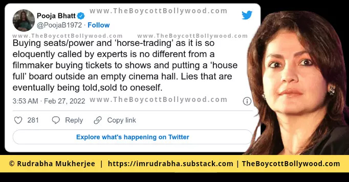 Tweet of Pooja Bhatt on buying movie tickets and fake house full of Bollywood movies