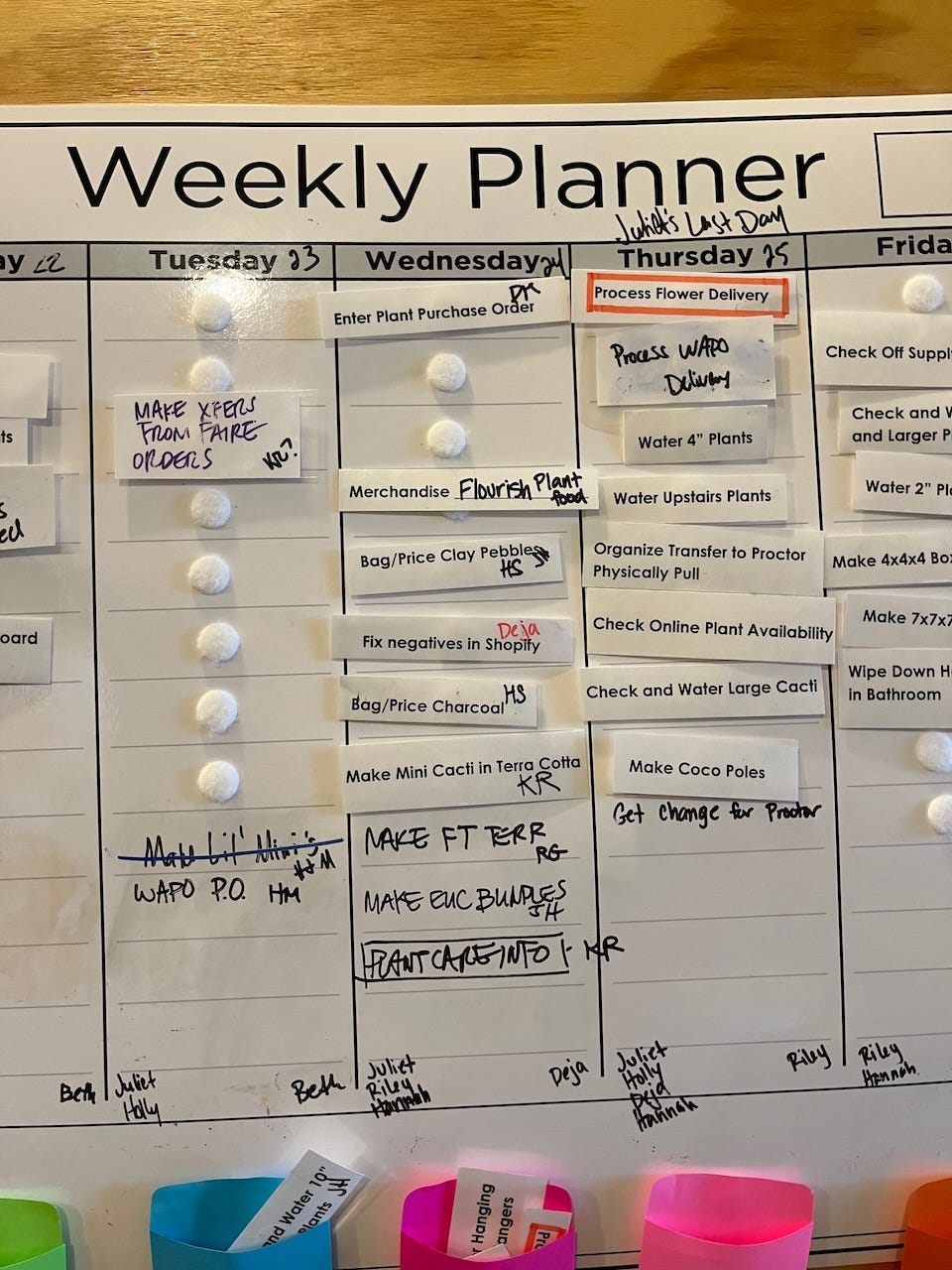 weekly planner whiteboard with tasks assigned on each day