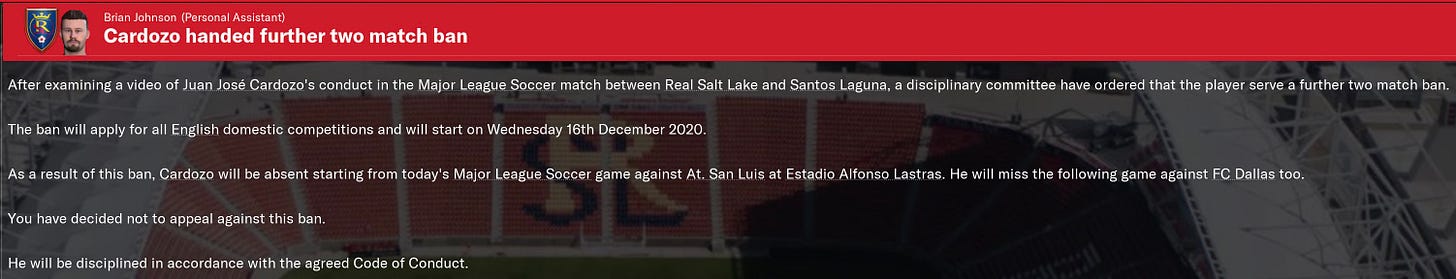 Football Manager 2021 Cardozo Ban