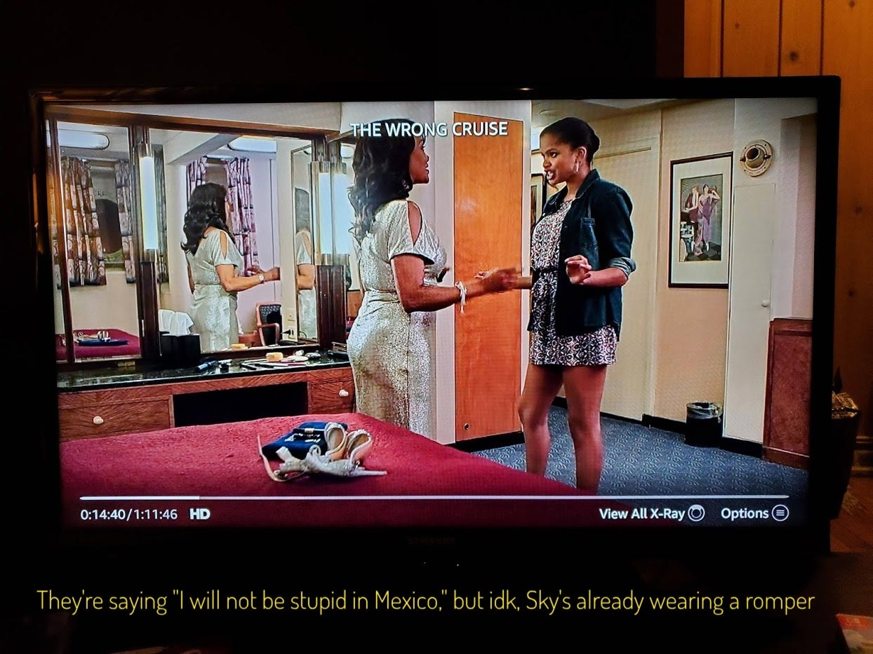 A dressed-up Sky and Claire talking in Claire's room, captioned "They're saying 'I will not be stupid in Mexico,' but idk, Sky's already wearing a romper"