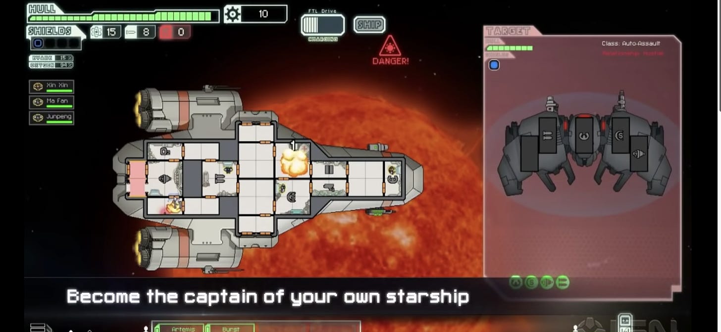 Screenshot from the game trailer, with text overlay "Become the captain of your own starship"