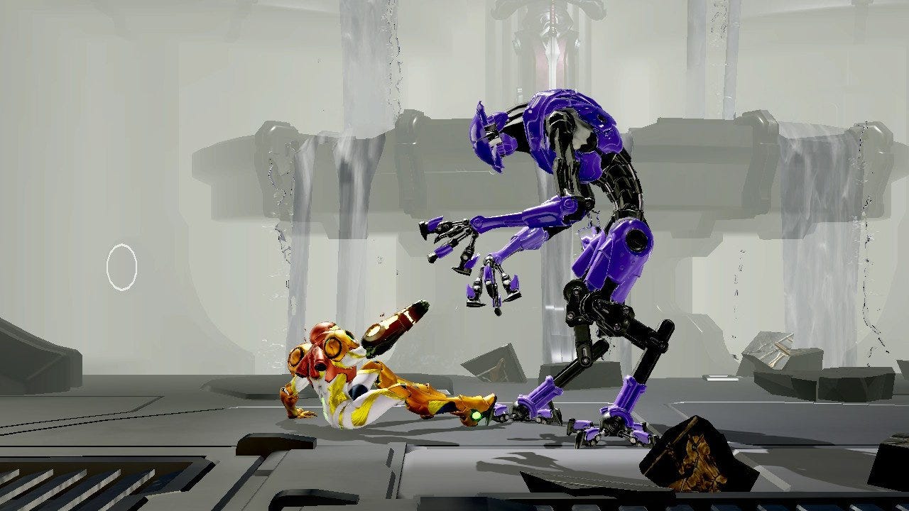 Metroid Dread's Samus, on the ground, about to be attacked by the nigh-invulnerable EMMI
