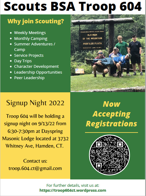 May be an image of 3 people, tree, outdoors and text that says 'Scouts BSA Troop 604 Why join Scouting? PROFILERPLAZA .Weekly Meetings .Monthly Camping Summer Adventures Camp Service Projects Day Trips Character Development Leadership Opportunities Peer Leadership Signup Night 2022 Troop 604 will be holding a signup night on 9/13/22 from 6:30-7:30pm at Dayspring Masonic Lodge located at 3732 Whitney Ave, Hamden, CT. Now Accepting Registrations Contact us: troop.604.ct@gmail.com For further details, visit us at: https://trop604ct.wordpress.com'