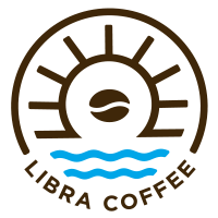 Libra Coffee logo. Coffee Bean in the center of a circle that says Libra Coffee, and has the symbol for water around it.