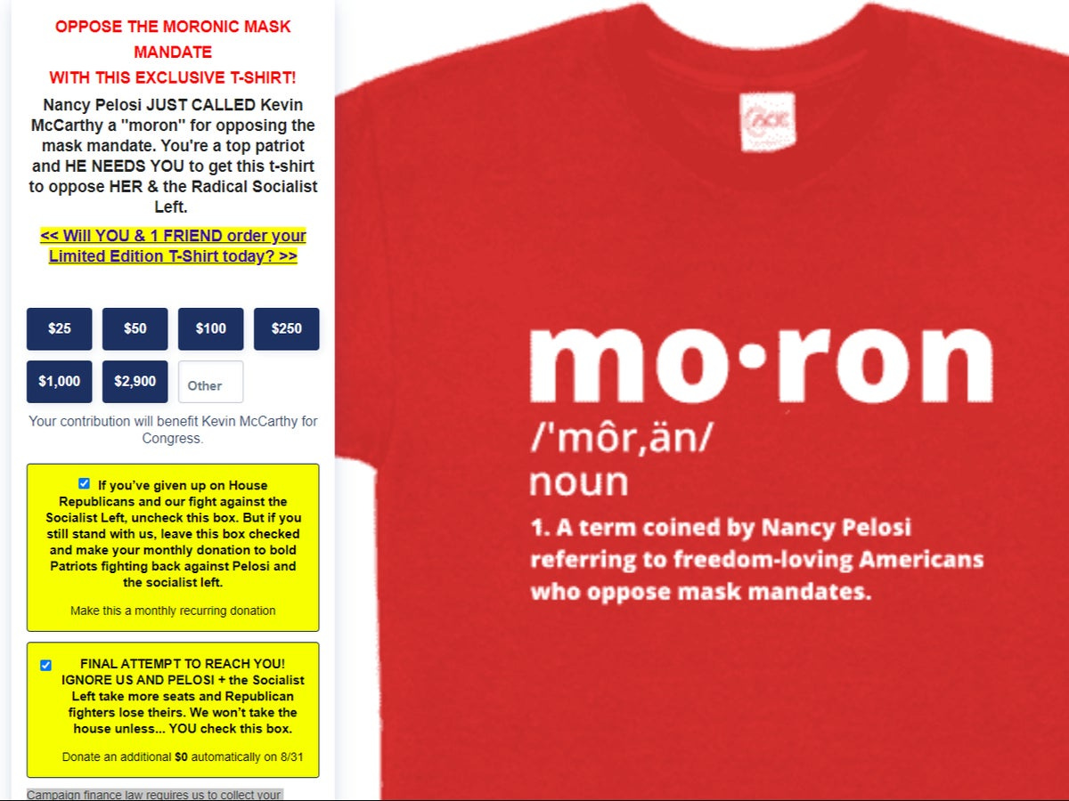 Kevin McCarthy campaign selling T-shirts with &#39;moron&#39; printed on them | The  Independent