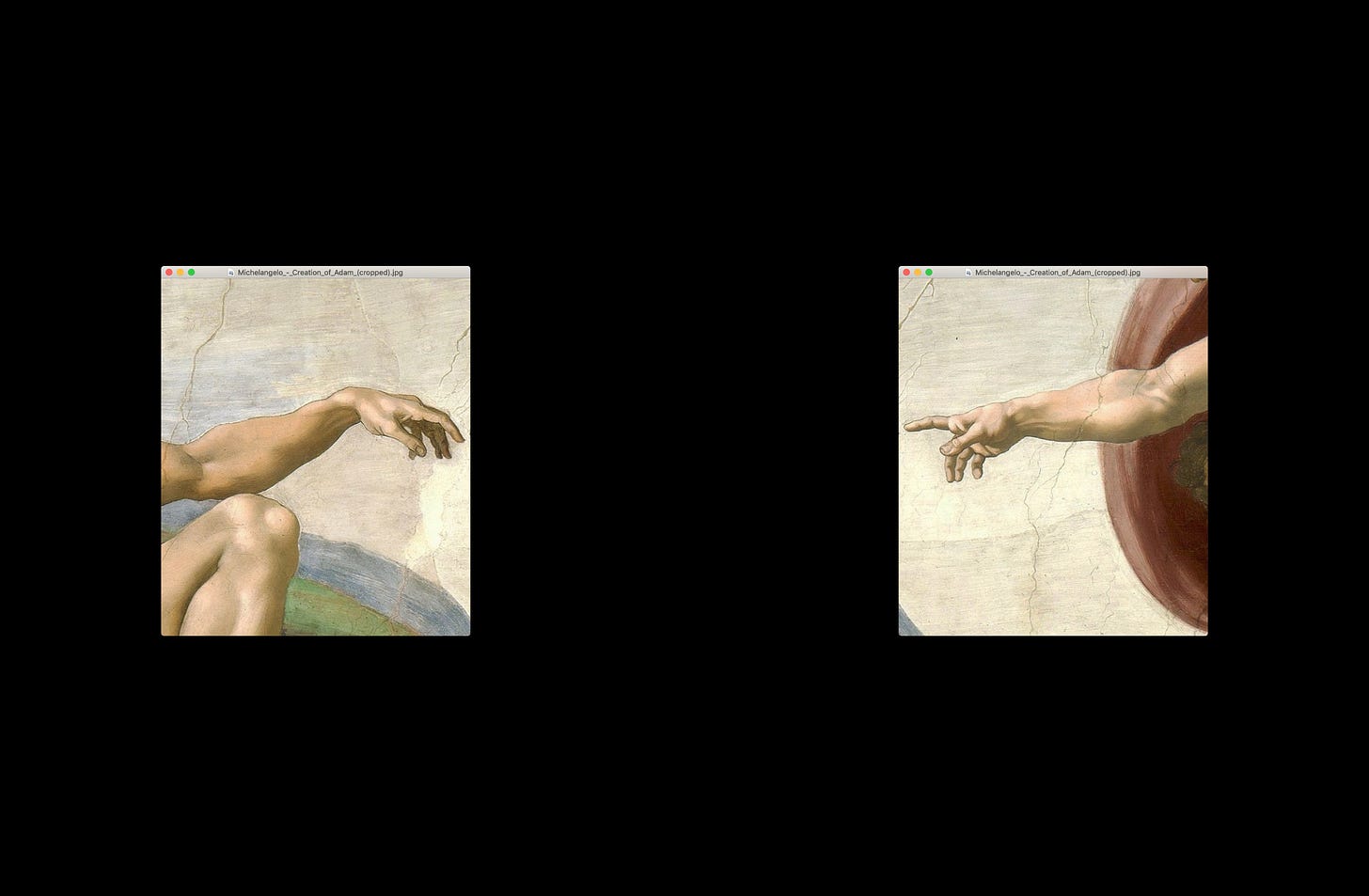 Michelangelo's Creation of Adam cropped into two computer windows. Only hands are shown in full with a black void behind them. 