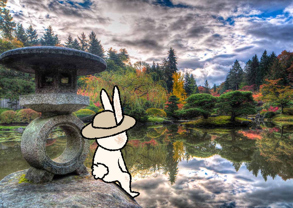 drawn rabbit sits in a big zen garden