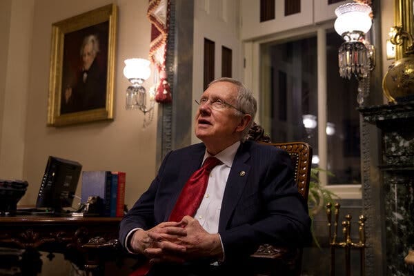 Senator Harry Reid in 2014. In his three-decade Senate tenure he oversaw the passage of landmark legislation, including a sweeping economic stimulus, a new set of rules for Wall Street and the Affordable Care Act.