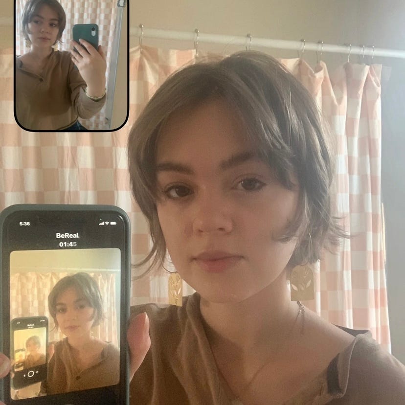 a photo of mira holding their phone towards a mira, creating the illusion of many miras. in the top right, a different perspective of the same image where mira holds the opposite side of the phone and gazes to the left.