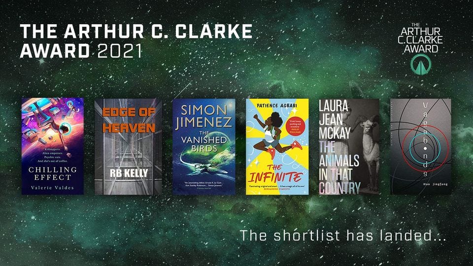 Text: The Arthur C. Clarke Award 2021. Pictured: Covers of the six books nominated for the award. Text: The shortlist has landed...