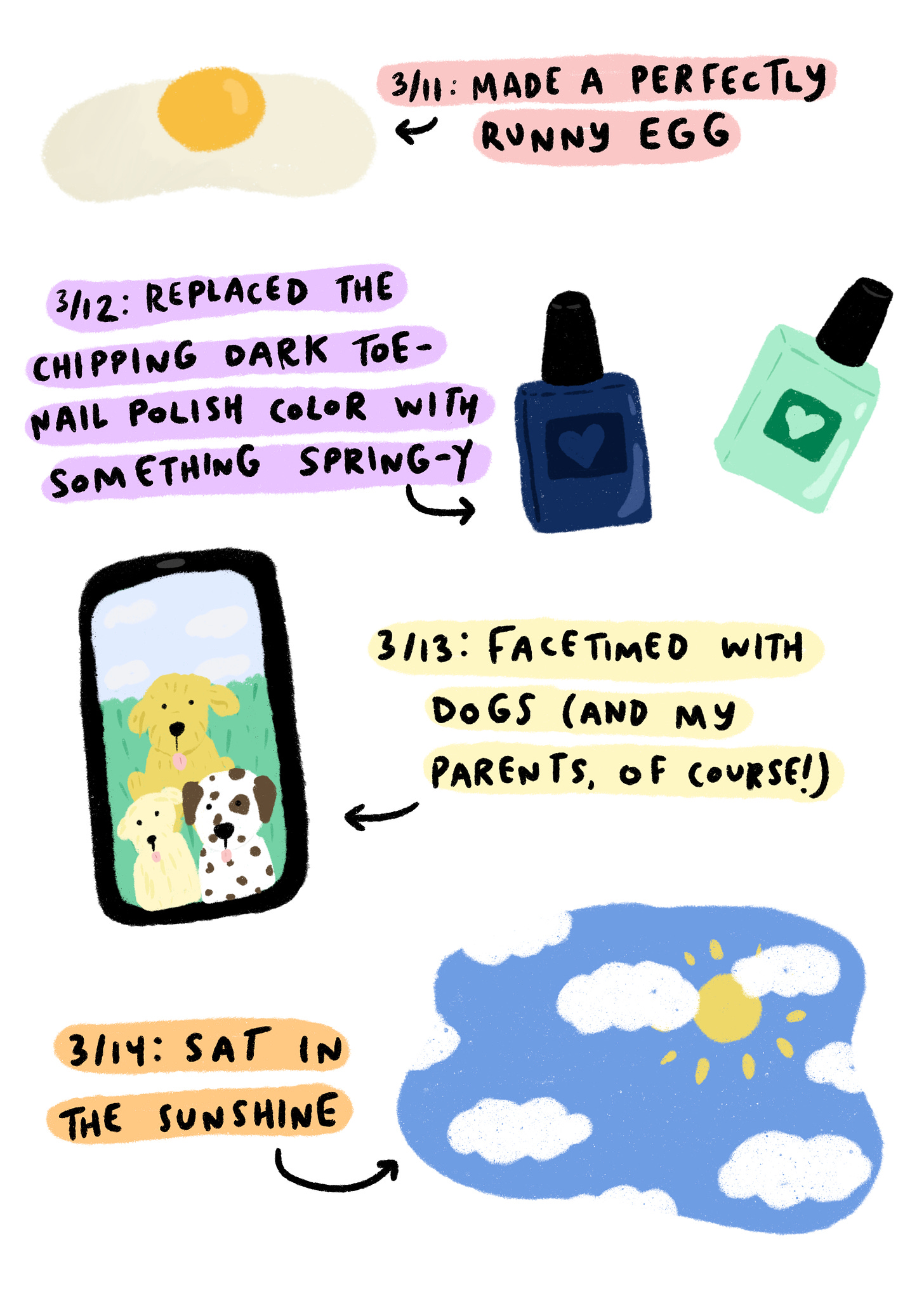 illustration of an egg, a nail polish bottle, Facetime with dogs, and a blue sky