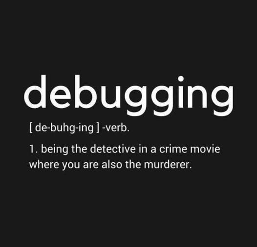 May be an image of text that says 'debugging [de-buhg-ing] -verb. 1. being the detective in a crime movie where you are also the murderer'