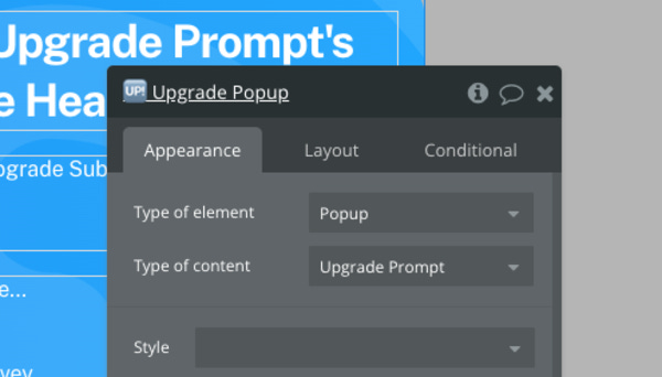 Set your popup's type of content to be your upgrade prompt option set