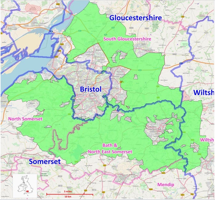 Map of the 4 Local Authorites and the Bristol Green Belt. It shows Bristol and a part of South Glos inside the Green Belt as a conurnbation. Then a five or more mile thick green belt.