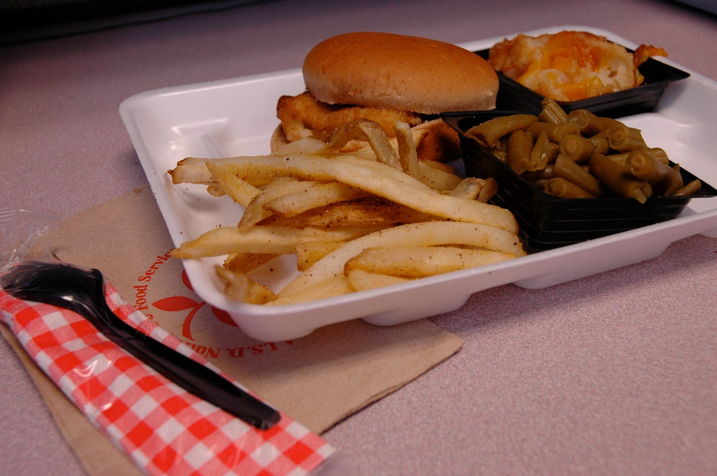 school lunch in a styrofoam tray with hamburger and fries
